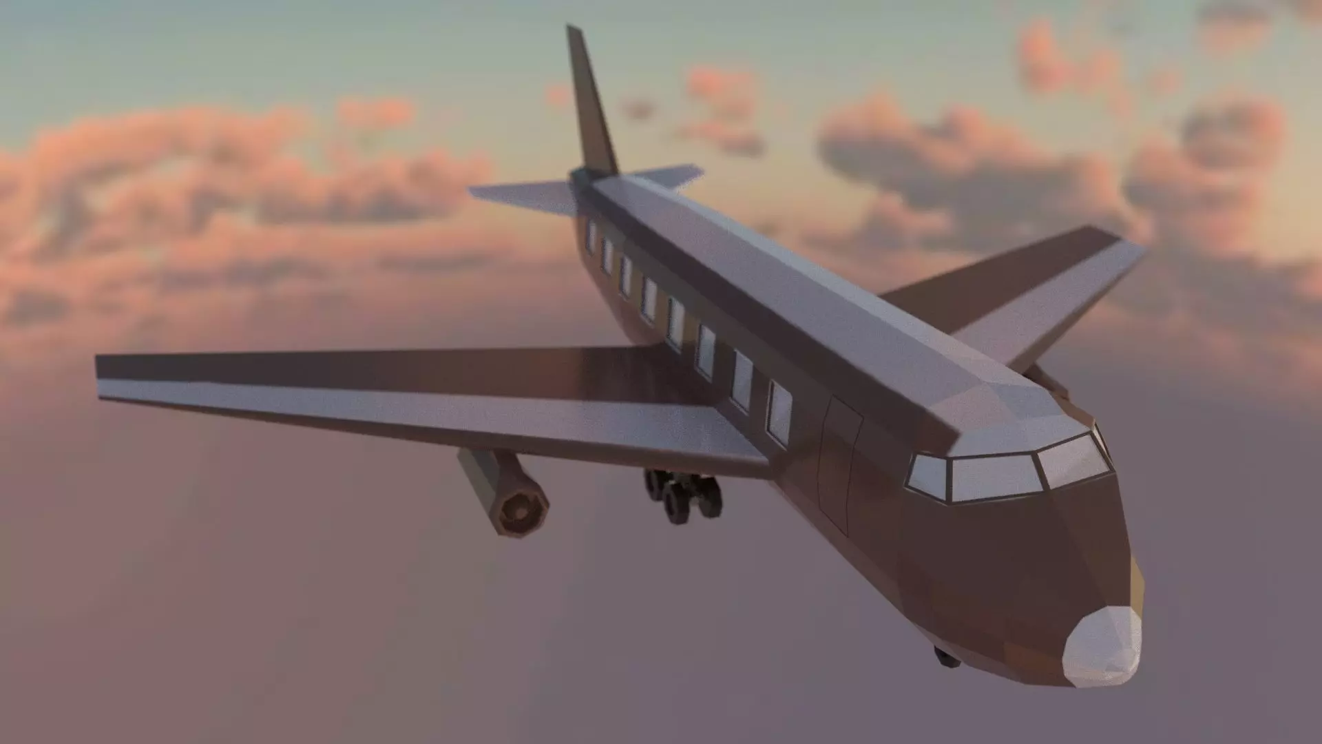 Airplane flying in sky at sunset Low-poly 3D model_0