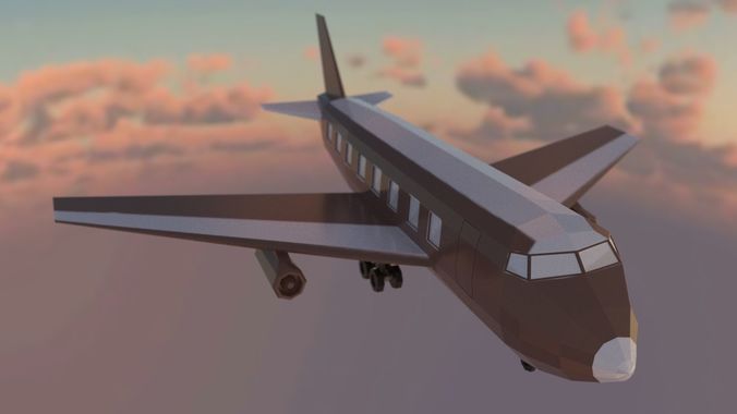 Airplane flying in sky at sunset Low-poly 3D model