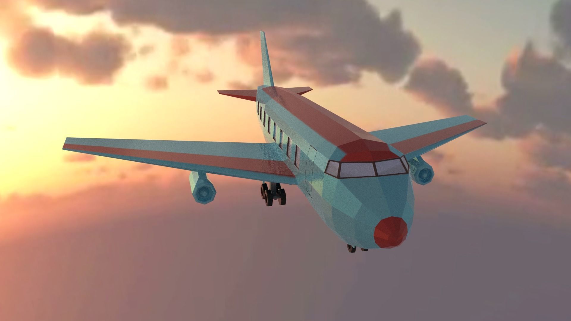 Airplane flying in sky at sunset Low-poly 3D model_1