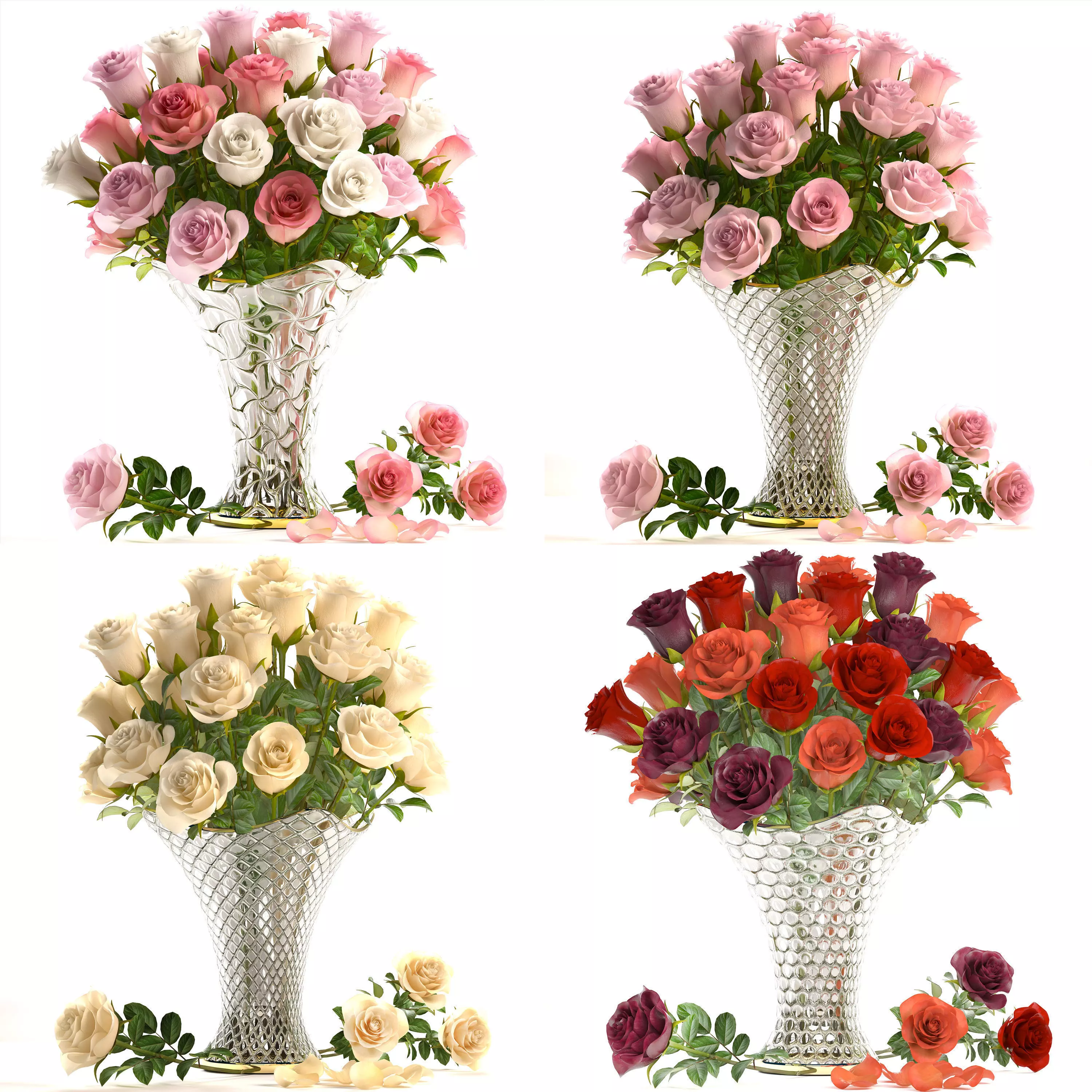 Collection of roses in a vase 3D model_0