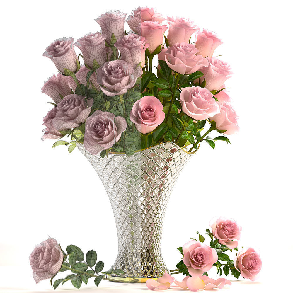Collection of roses in a vase 3D model_8