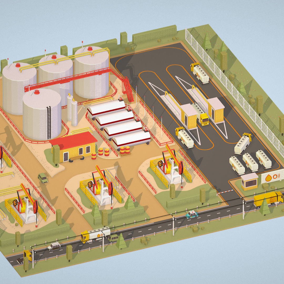 Isometric Oil Field Extracting Crude Big Base Low-poly 3D model_3