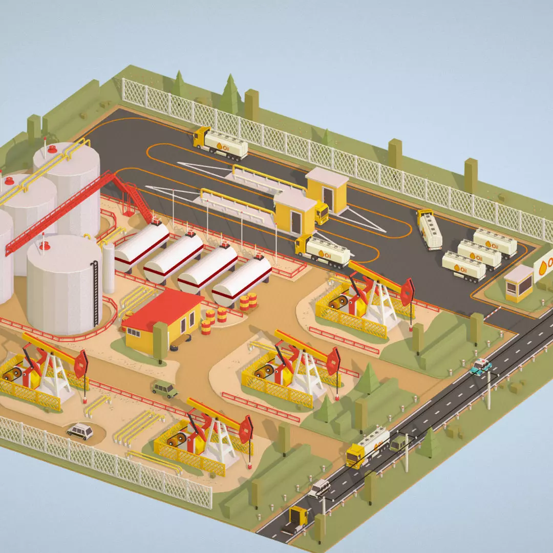 Isometric Oil Field Extracting Crude Big Base Low-poly 3D model_0