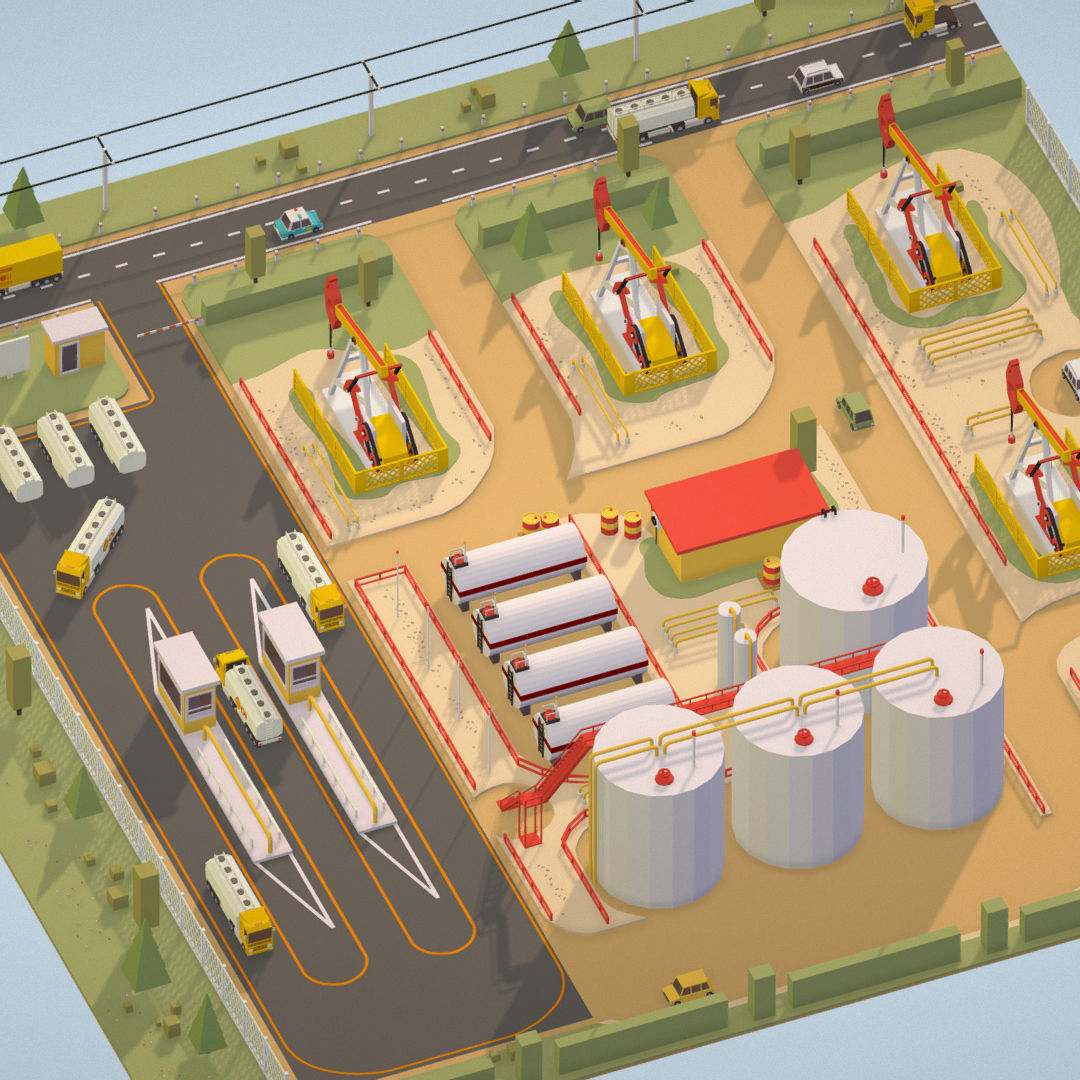 Isometric Oil Field Extracting Crude Big Base Low-poly 3D model_2