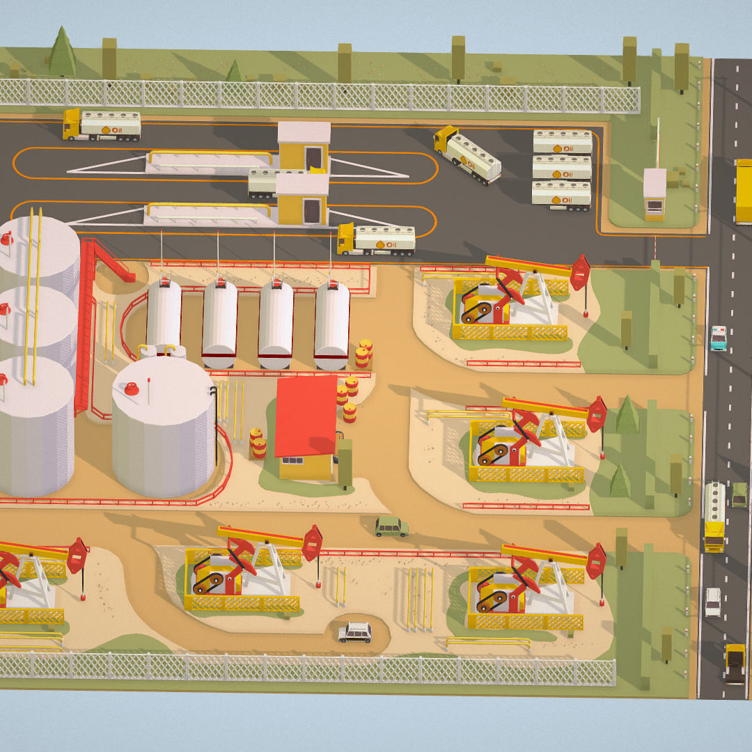Isometric Oil Field Extracting Crude Big Base Low-poly 3D model_1