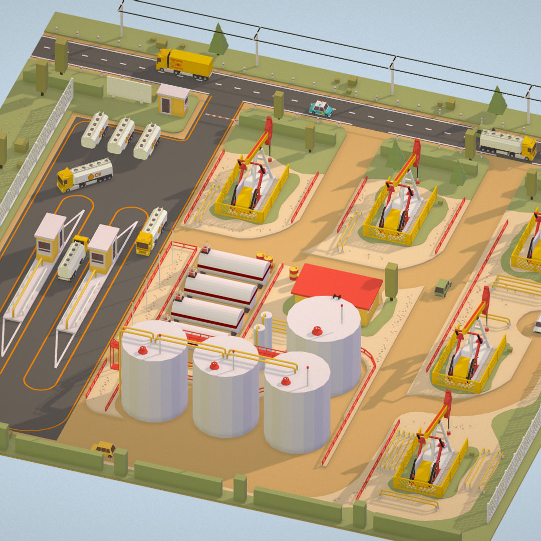 Isometric Oil Field Extracting Crude Big Base Low-poly 3D model_5