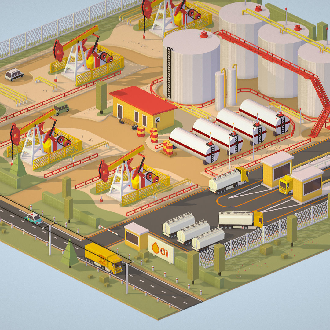Isometric Oil Field Extracting Crude Big Base Low-poly 3D model_12
