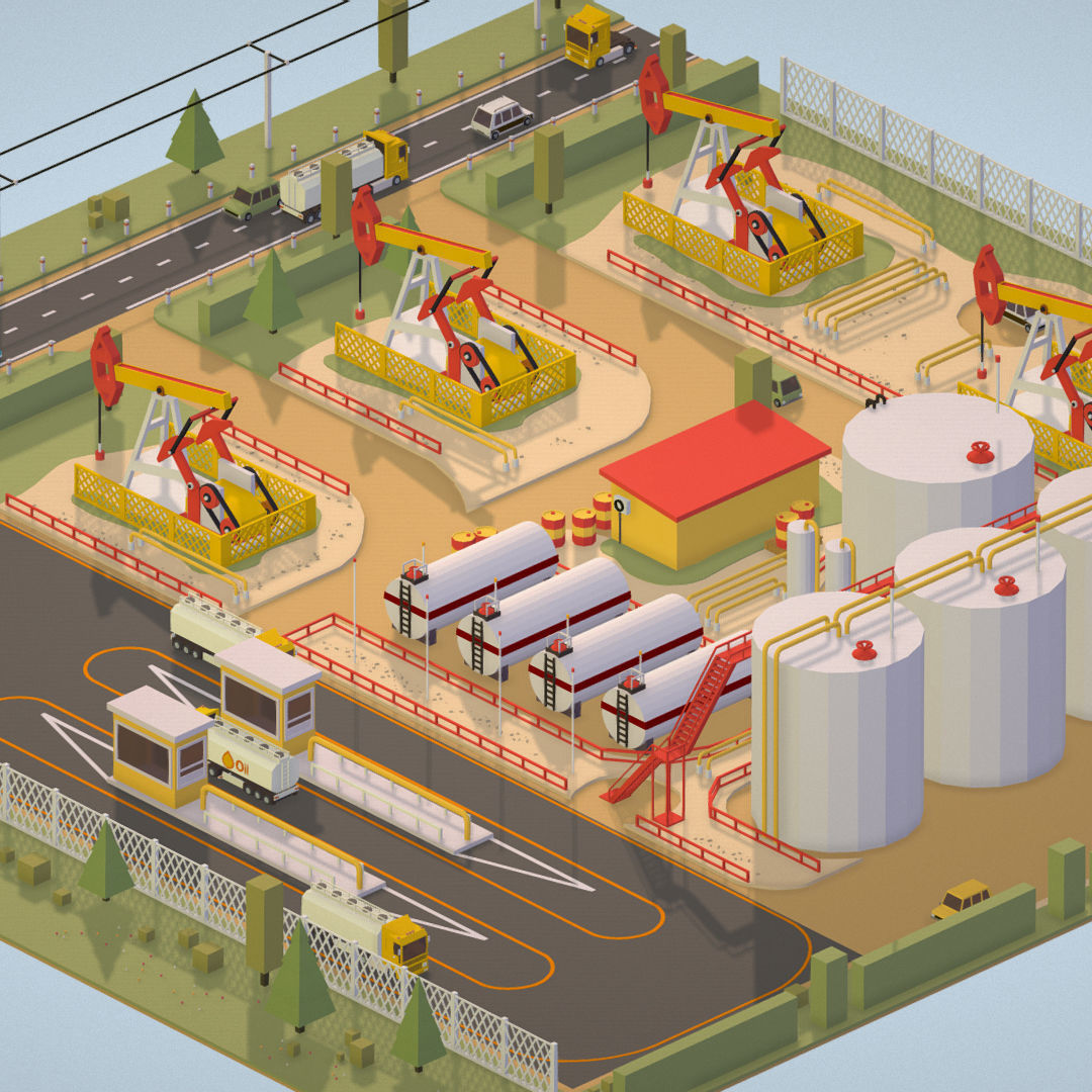 Isometric Oil Field Extracting Crude Big Base Low-poly 3D model_4