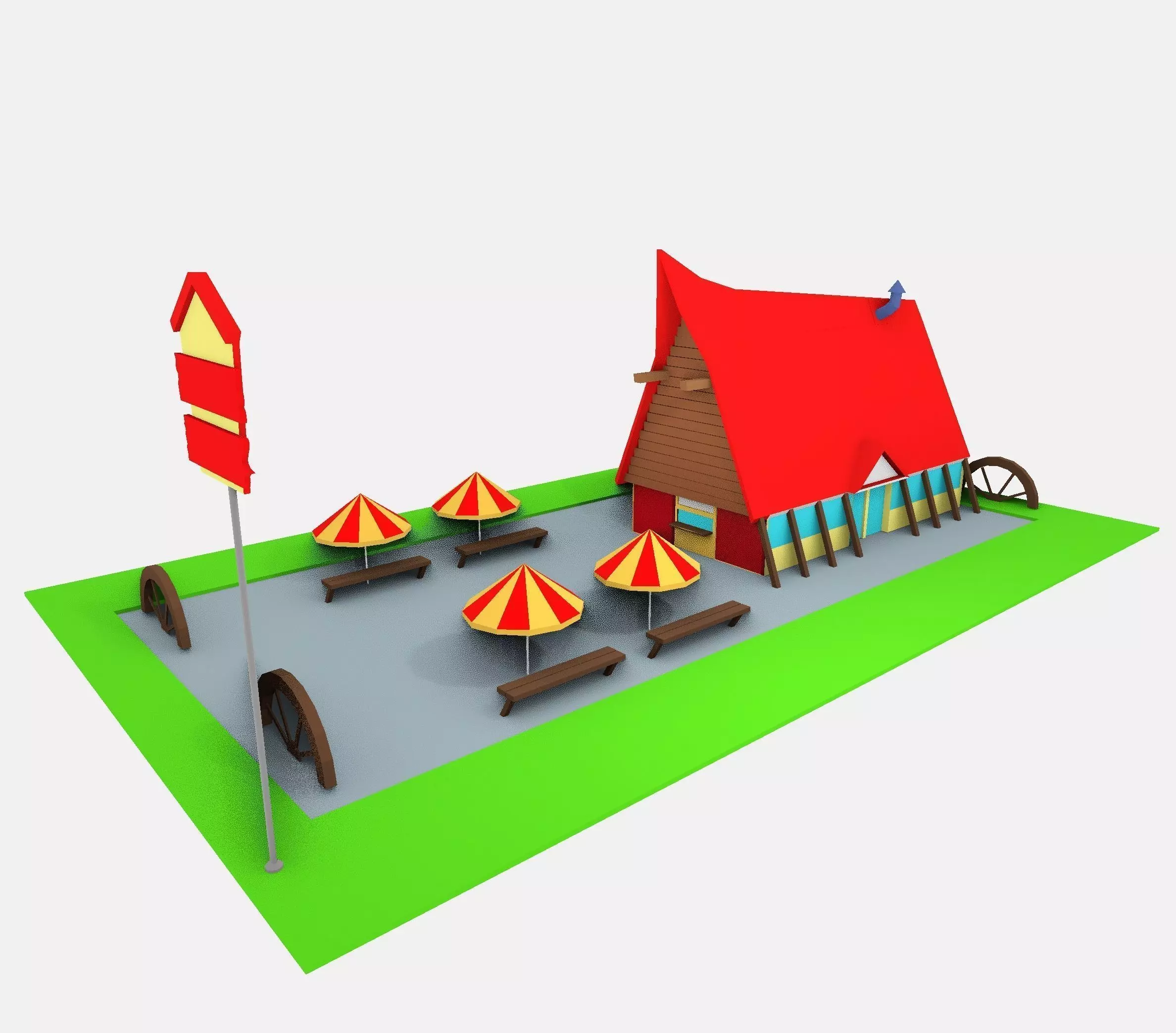 Low-Poly food circus tent with tables and umbrellas Free low-poly 3D model