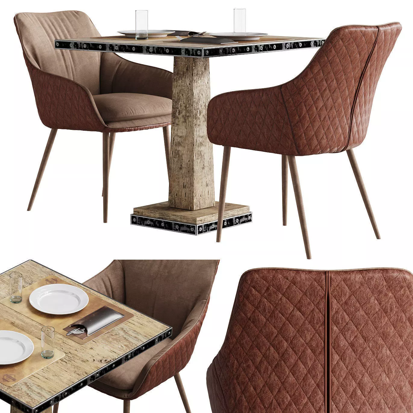 Chair Chrissy Pu by Richmond and aged table with table setting 3D model_0