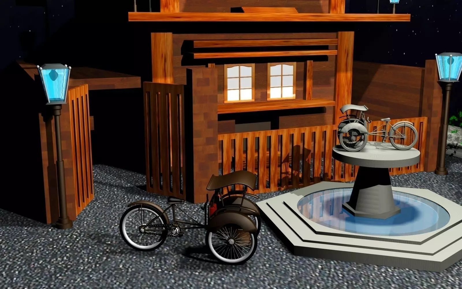 becak house with two bicycles and fountain Free 3D model