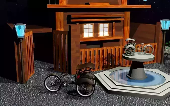 becak house with two bicycles and fountain