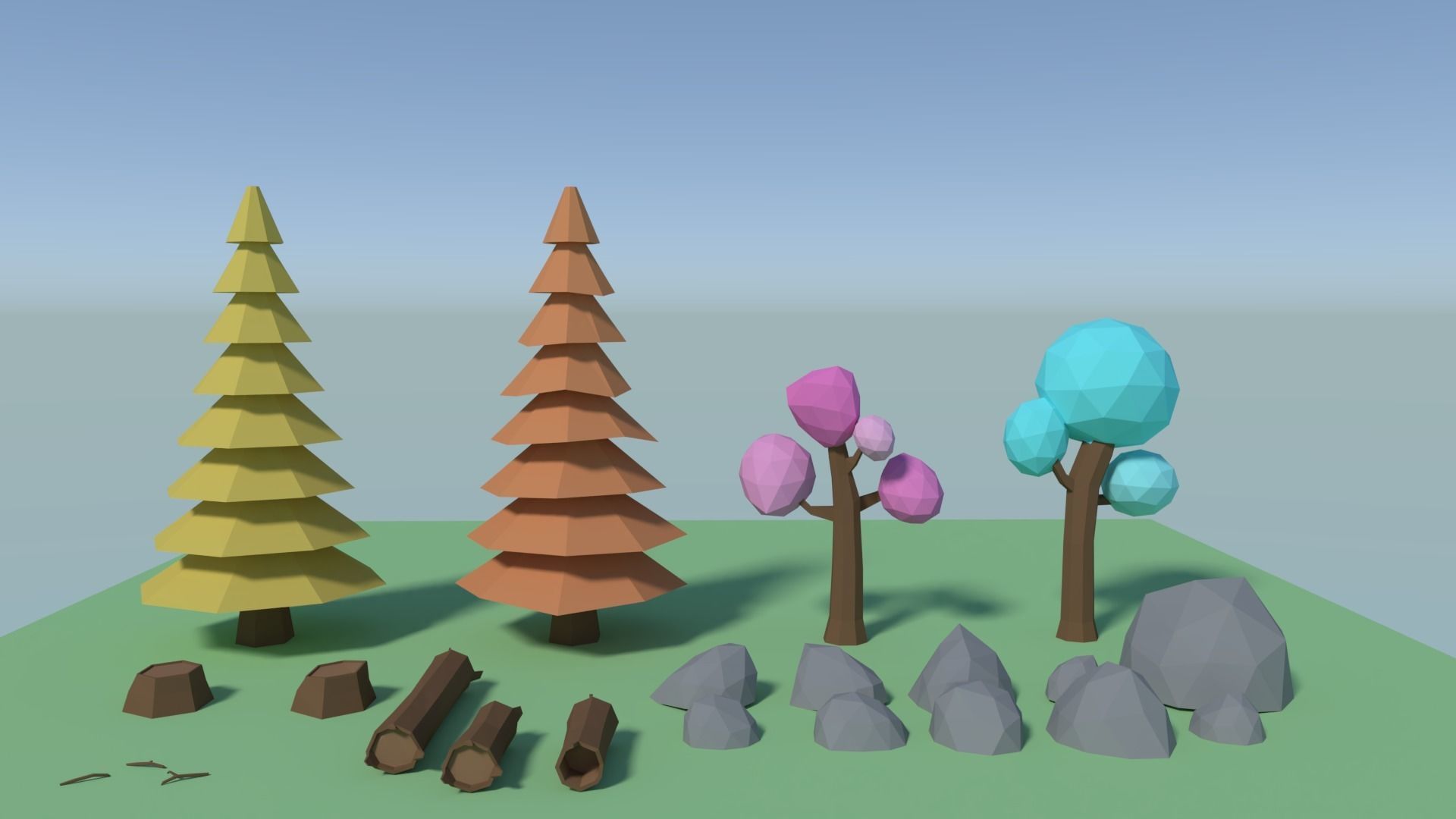 Low poly trees rocks logs Low-poly 3D model_1