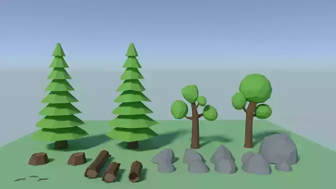 Low poly trees rocks logs Low-poly 3D model