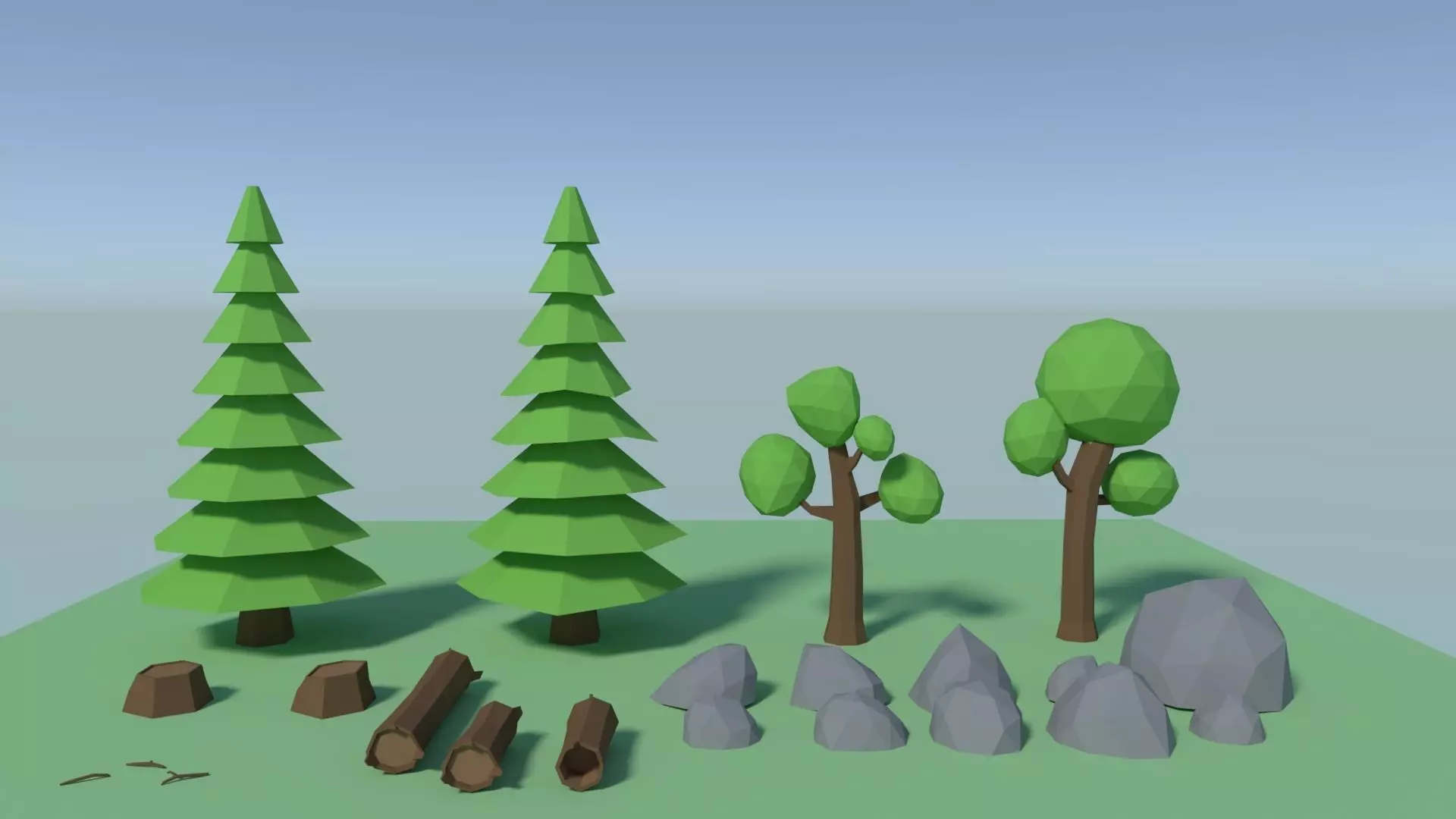 Low poly trees rocks logs Low-poly 3D model_0