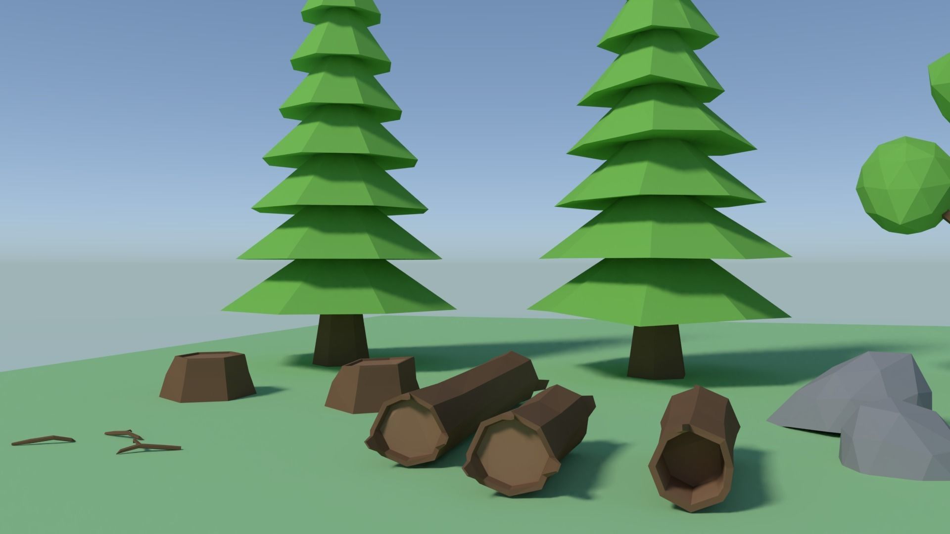 Low poly trees rocks logs Low-poly 3D model_2