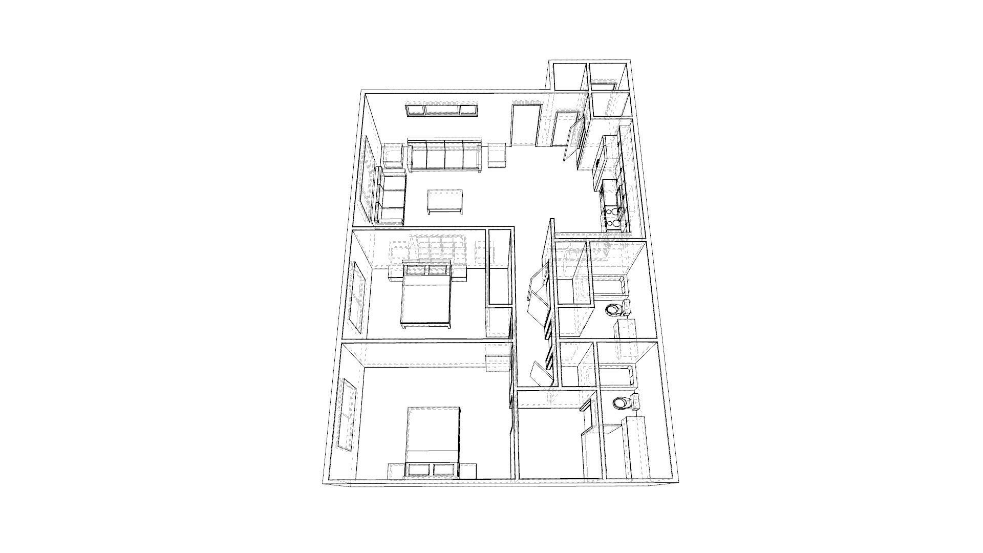 2 Bedroom 2 bathroom apartment unit model modern architectural  Low-poly 3D model_10