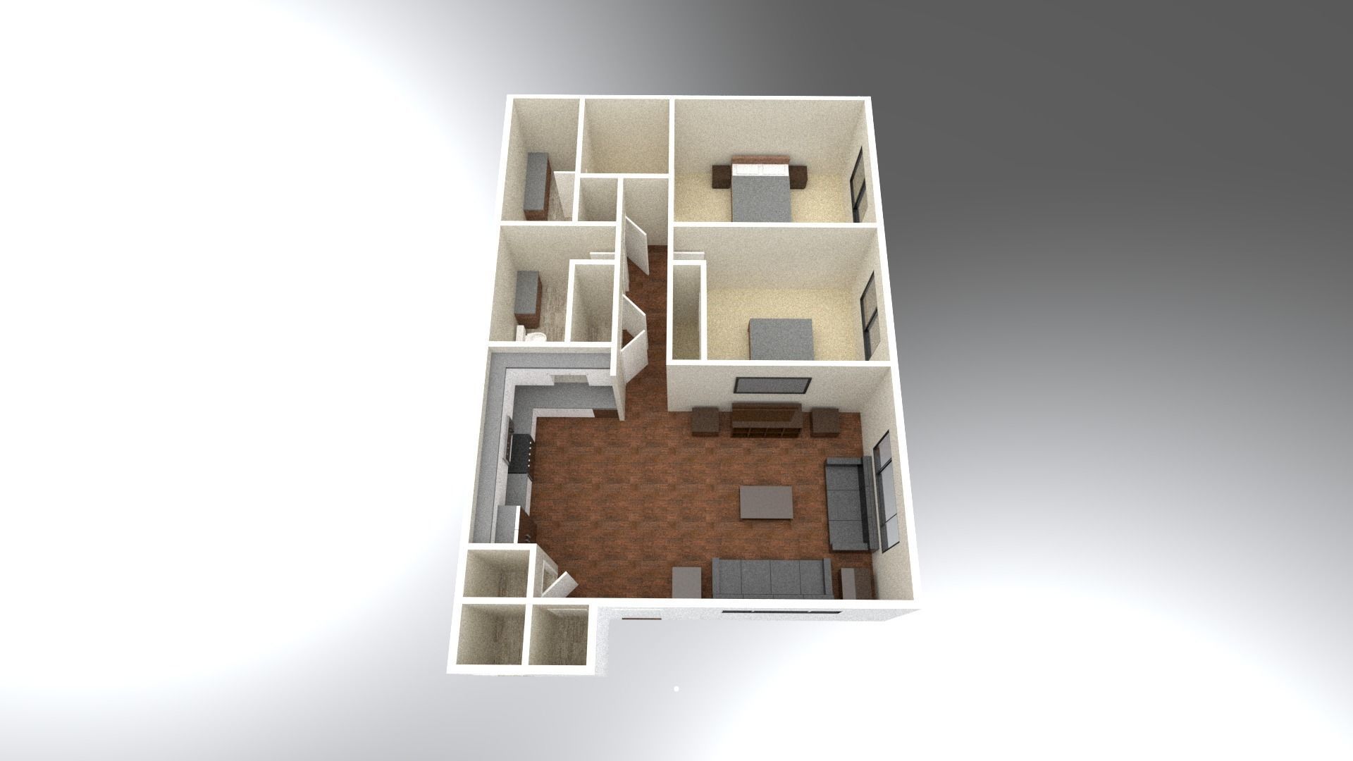 2 Bedroom 2 bathroom apartment unit model modern architectural  Low-poly 3D model_3