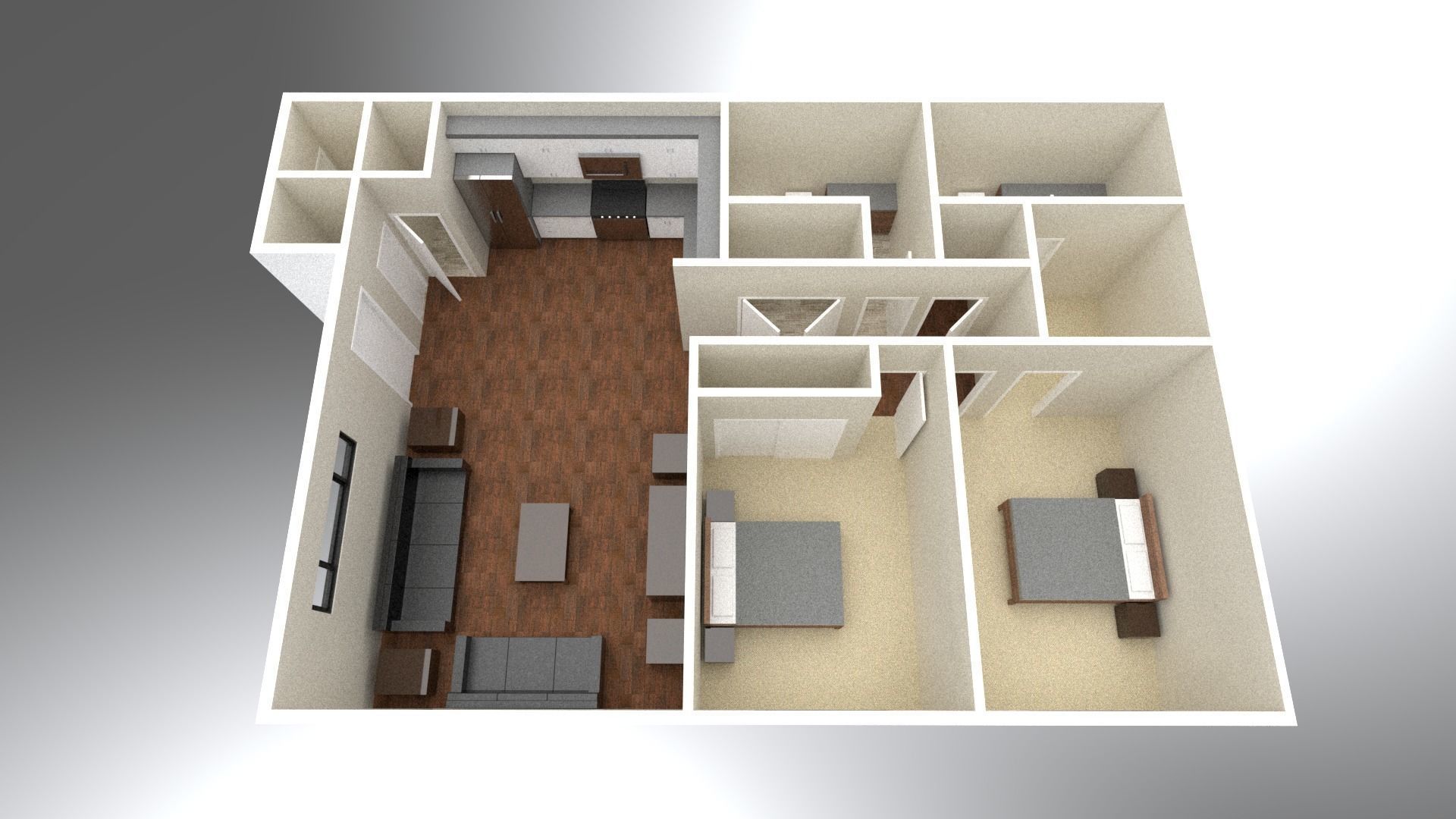 2 Bedroom 2 bathroom apartment unit model modern architectural  Low-poly 3D model_5