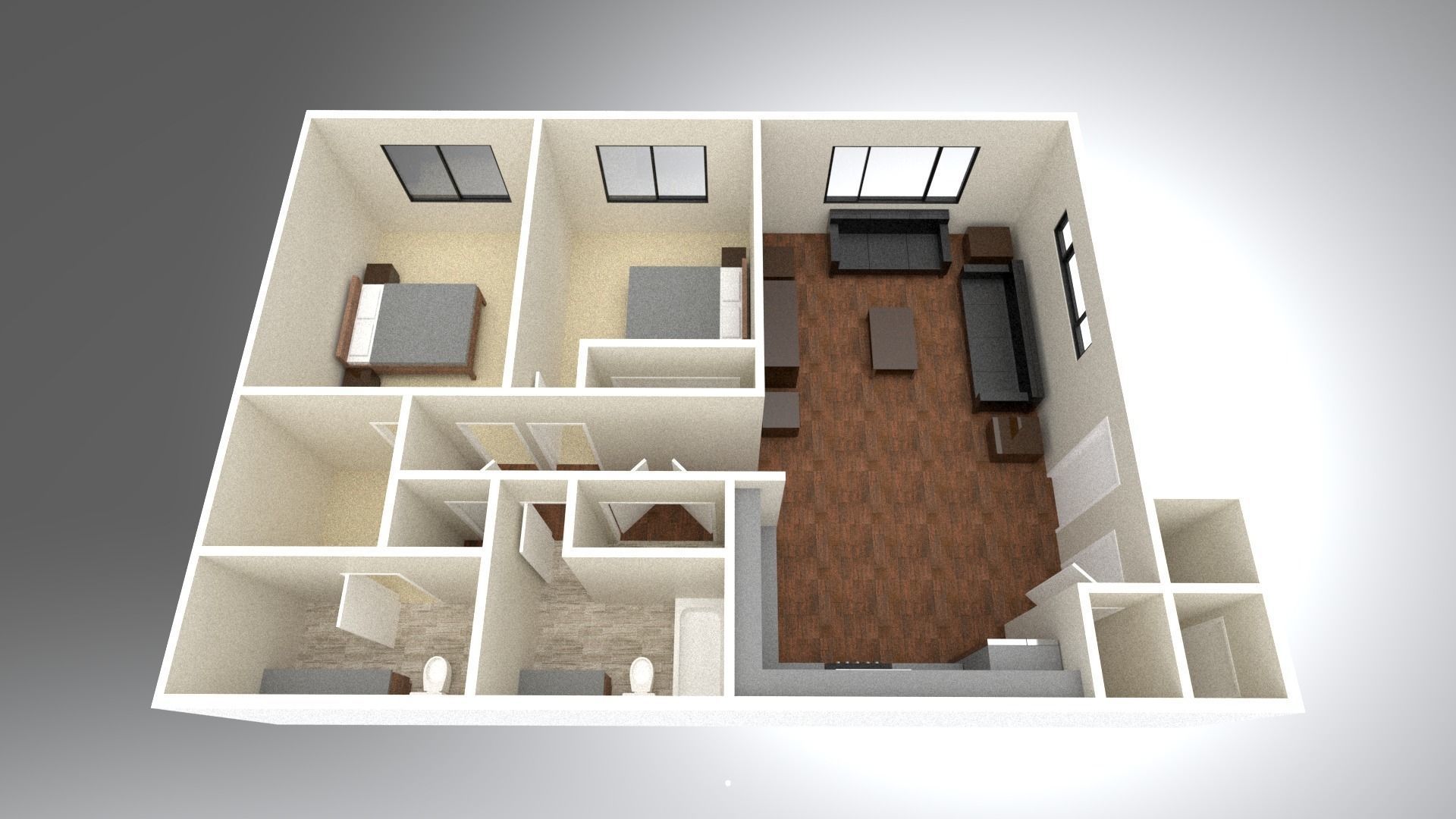 2 Bedroom 2 bathroom apartment unit model modern architectural  Low-poly 3D model_2