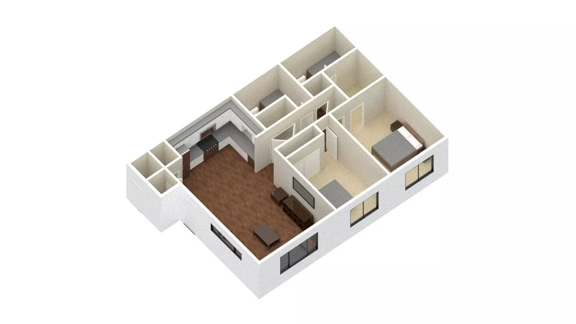 2 Bedroom 2 bathroom apartment unit model modern architectural  Low-poly 3D model_0