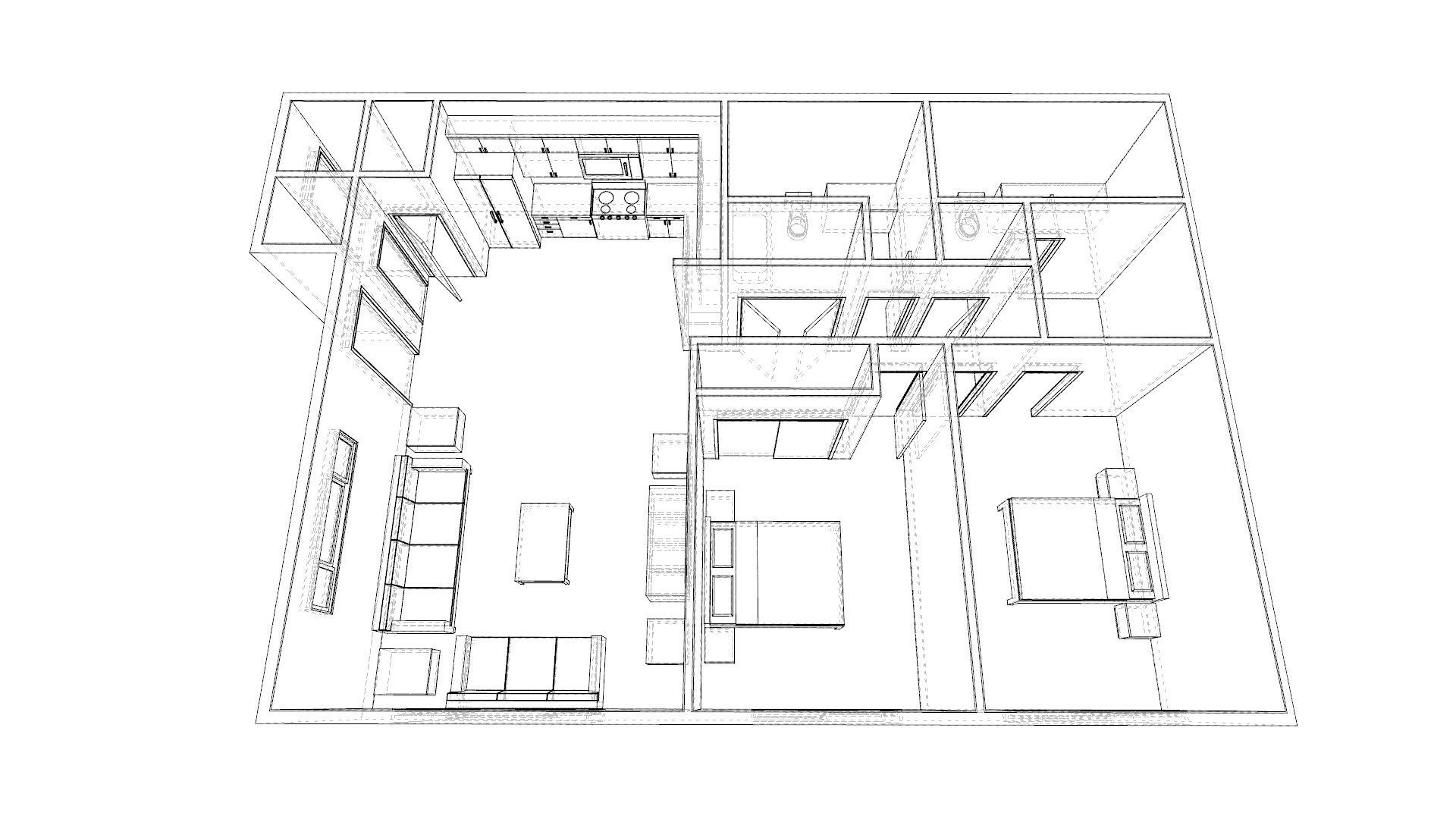 2 Bedroom 2 bathroom apartment unit model modern architectural  Low-poly 3D model_7