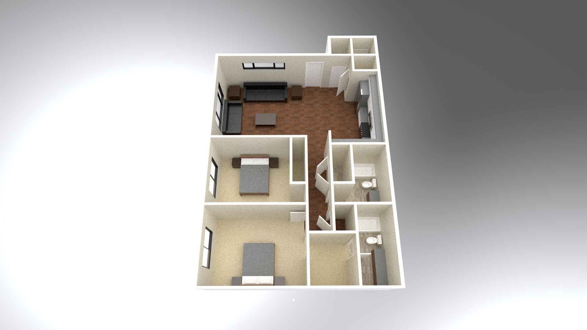2 Bedroom 2 bathroom apartment unit model modern architectural  Low-poly 3D model_4