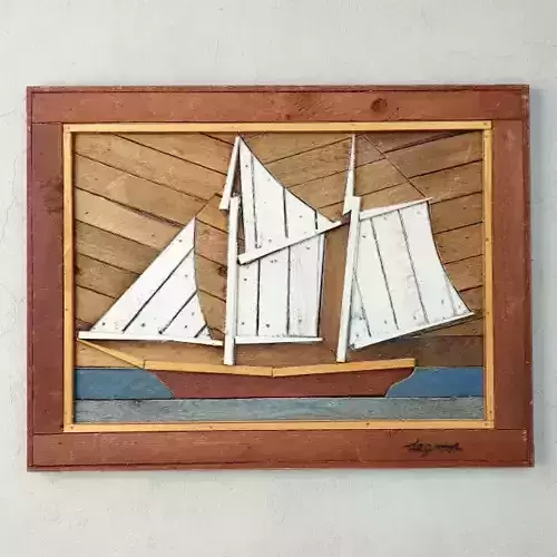 Folk Art Painted Wood Lathe Assemblage Ship