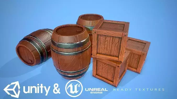 Stylized wooden barrel and box