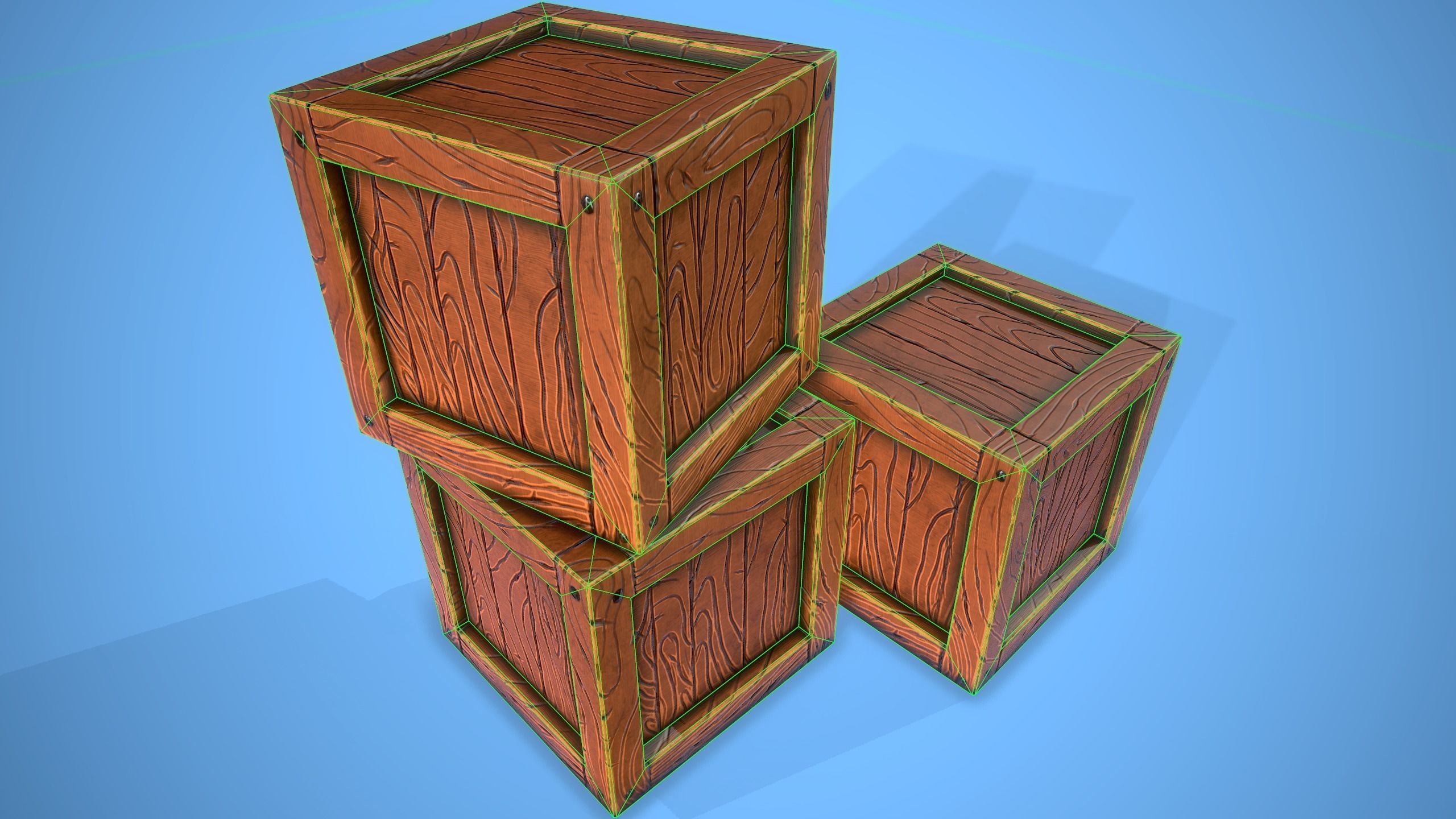 Stylized wooden barrel and box Low-poly 3D model_4