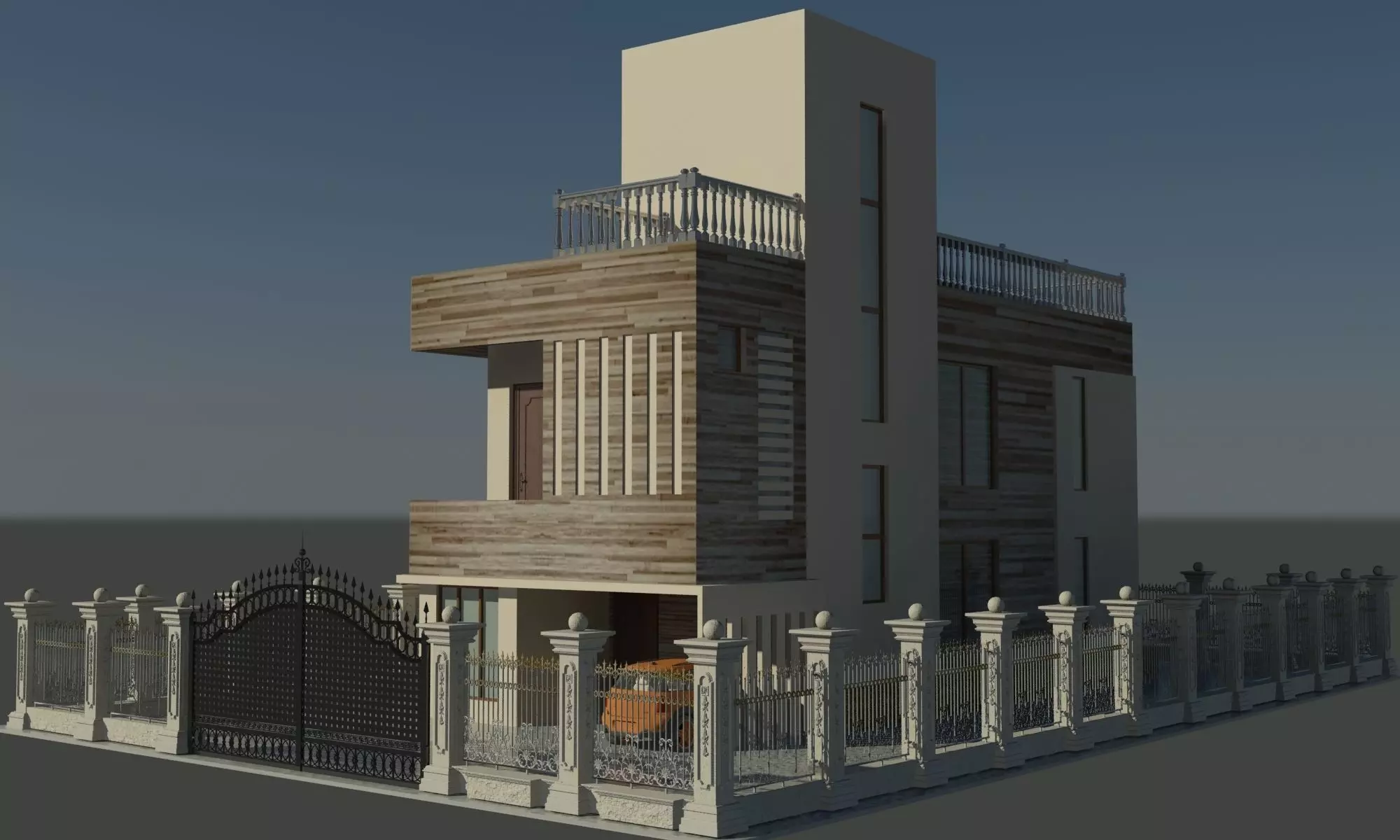 Exterior house with fence and gate Low-poly 3D model_0