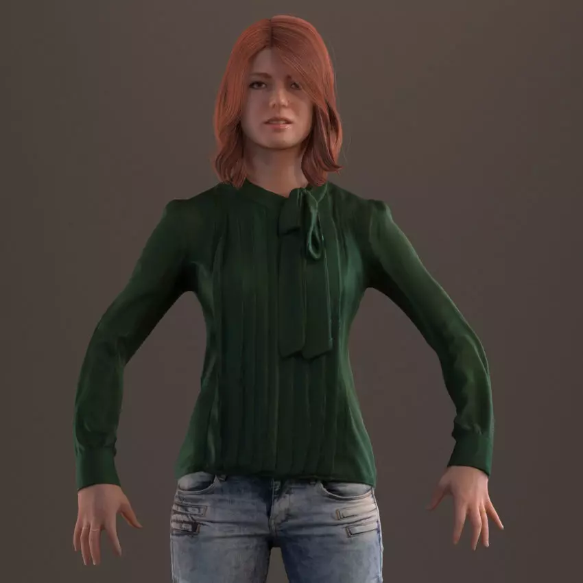 Rigged red haired lady in casual attire Low-poly 3D model_0
