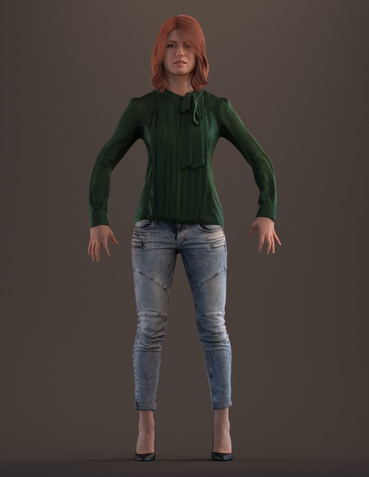 Rigged red haired lady in casual attire Low-poly 3D model_1