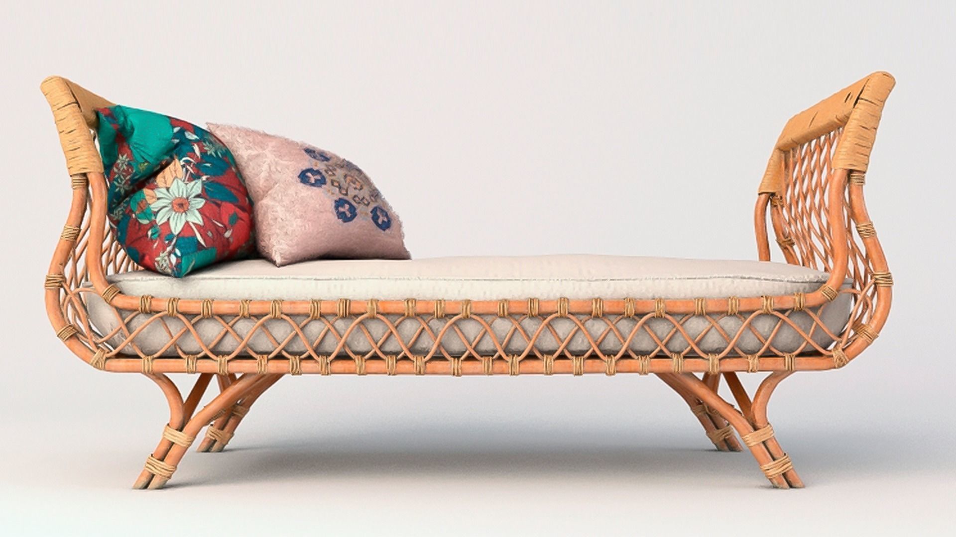 Rattan Sunbed with Pillows 3D model_2