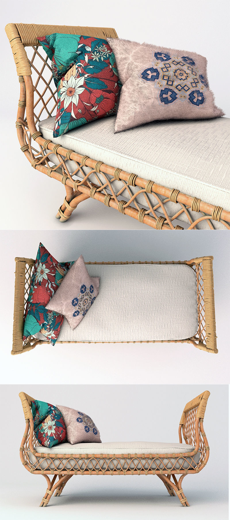 Rattan Sunbed with Pillows 3D model_6