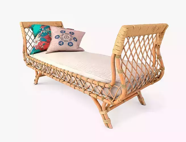 Rattan Sunbed with Pillows 3D model