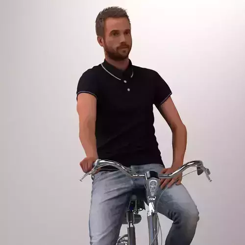 Pre-posed 3D man on a bike with realistic hair 3D model