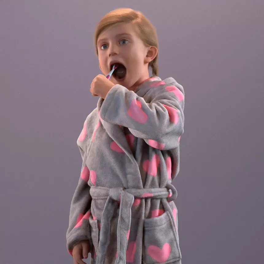 Pre-posed little girl brushing her teeth 3D model_0