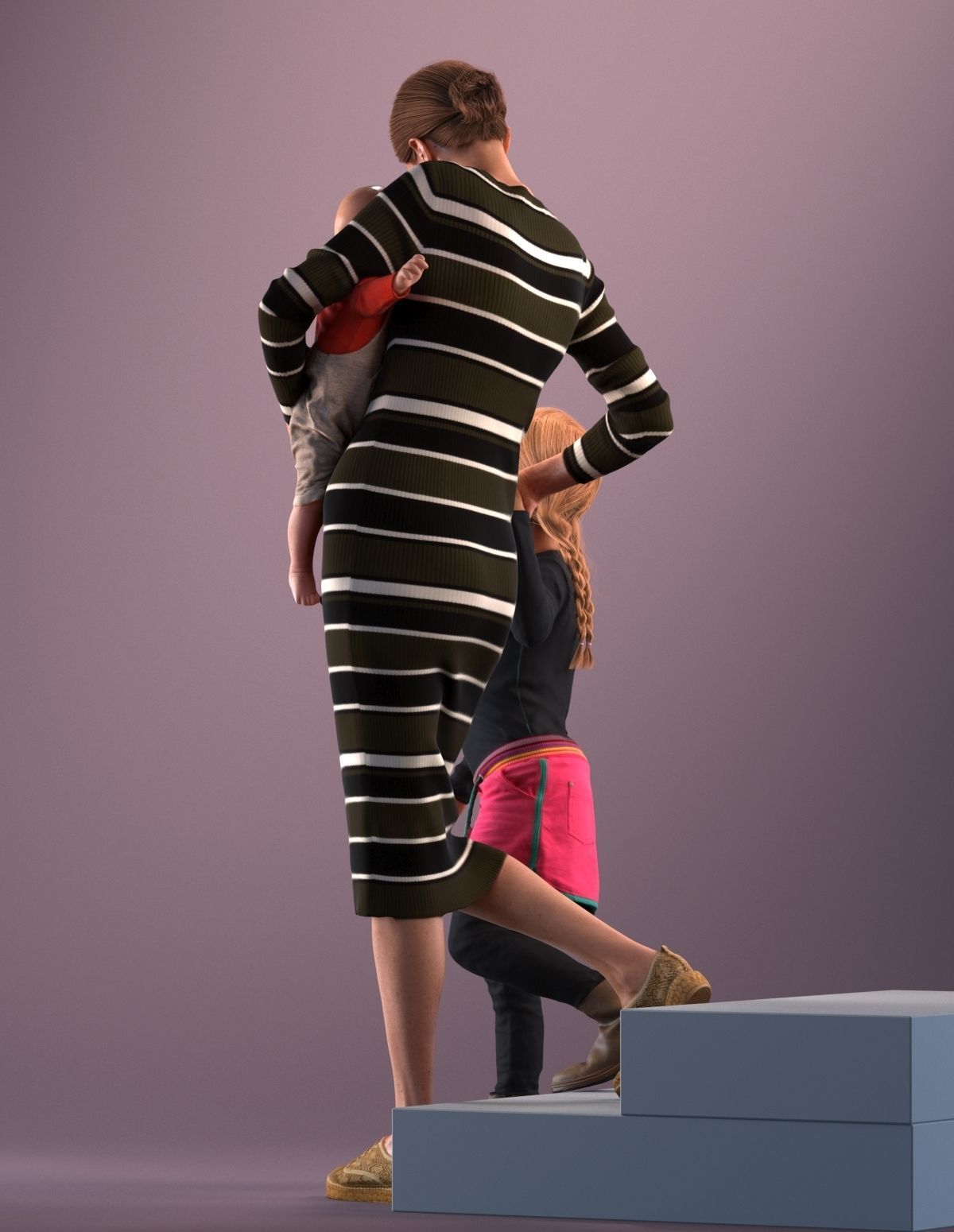 Pre-posed mother with her kids 3D model_9