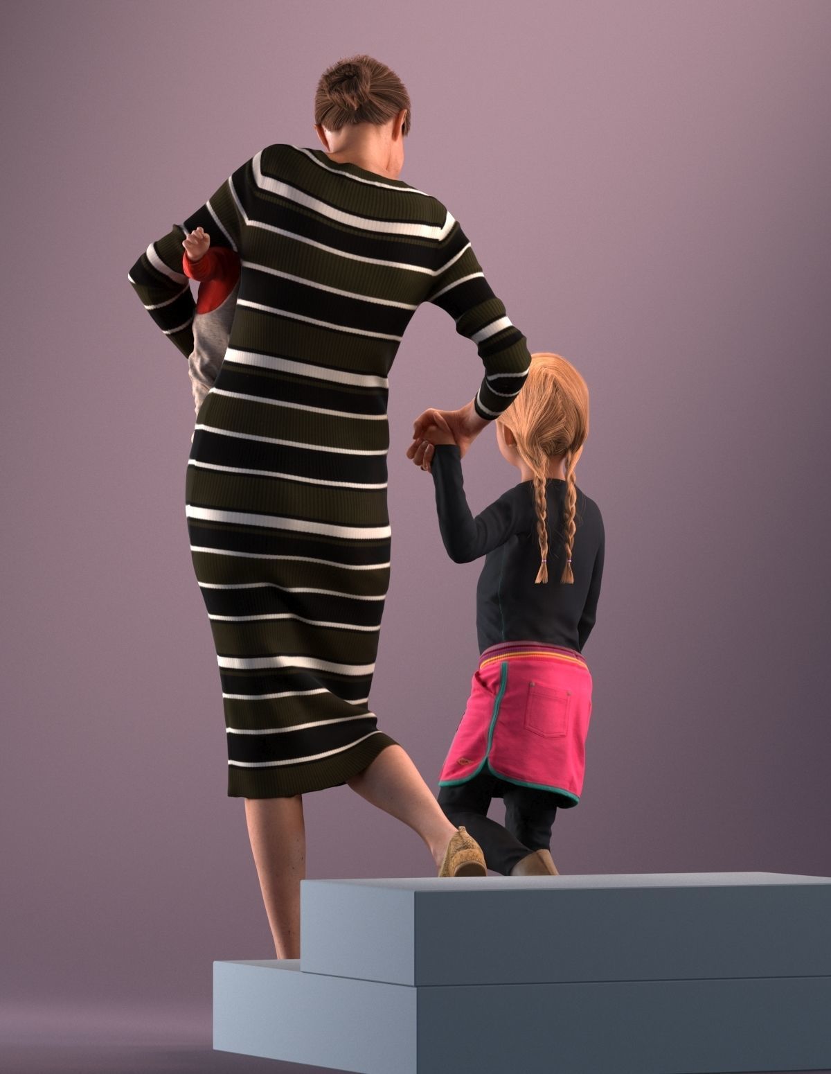 Pre-posed mother with her kids 3D model_10
