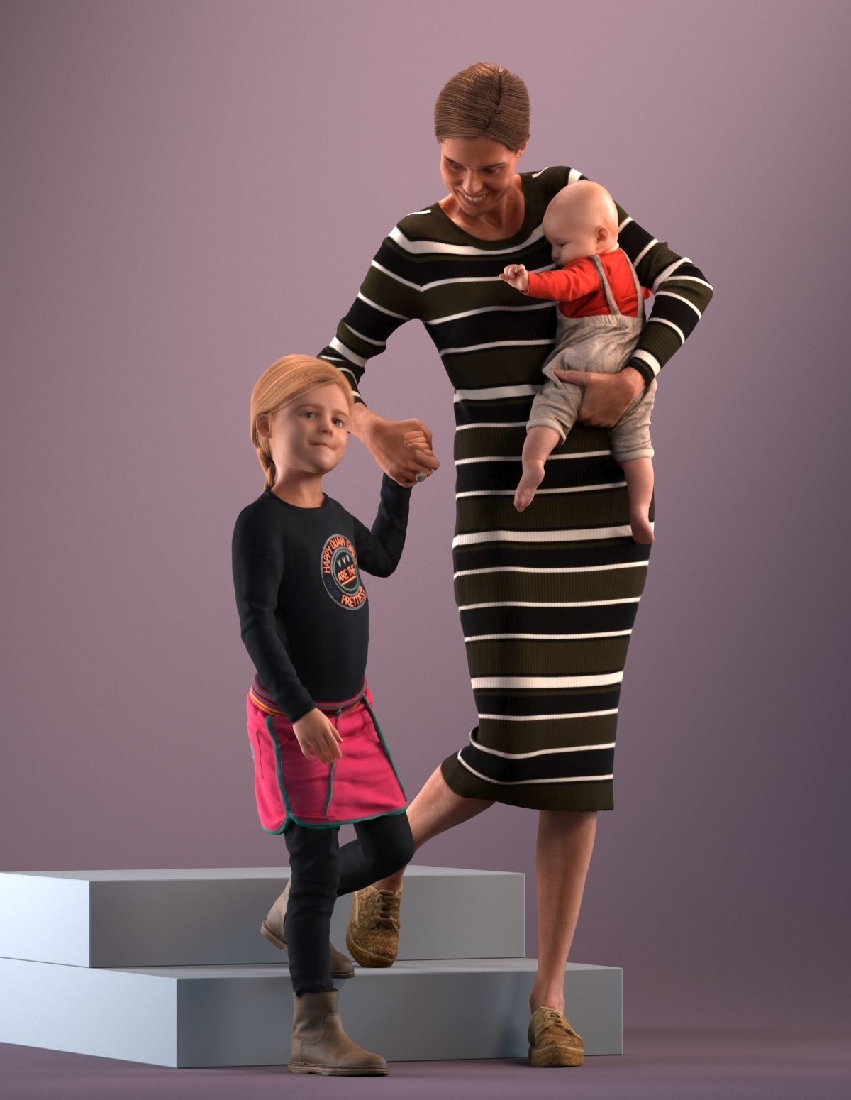 Pre-posed mother with her kids 3D model_6