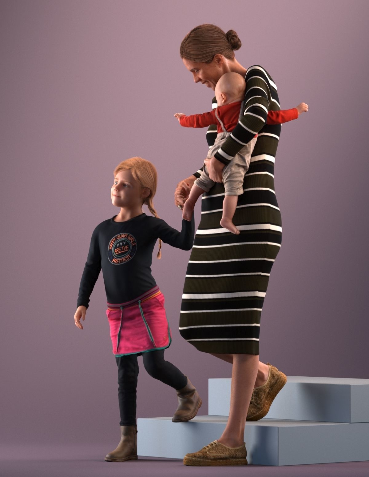 Pre-posed mother with her kids 3D model_12