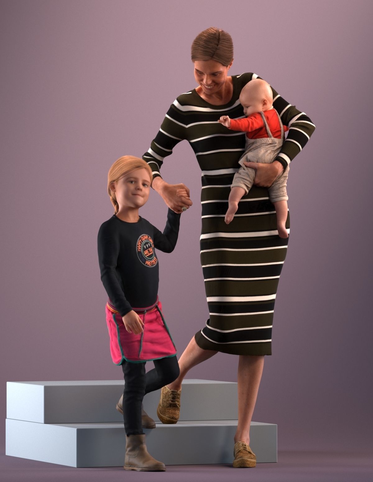 Pre-posed mother with her kids 3D model_1