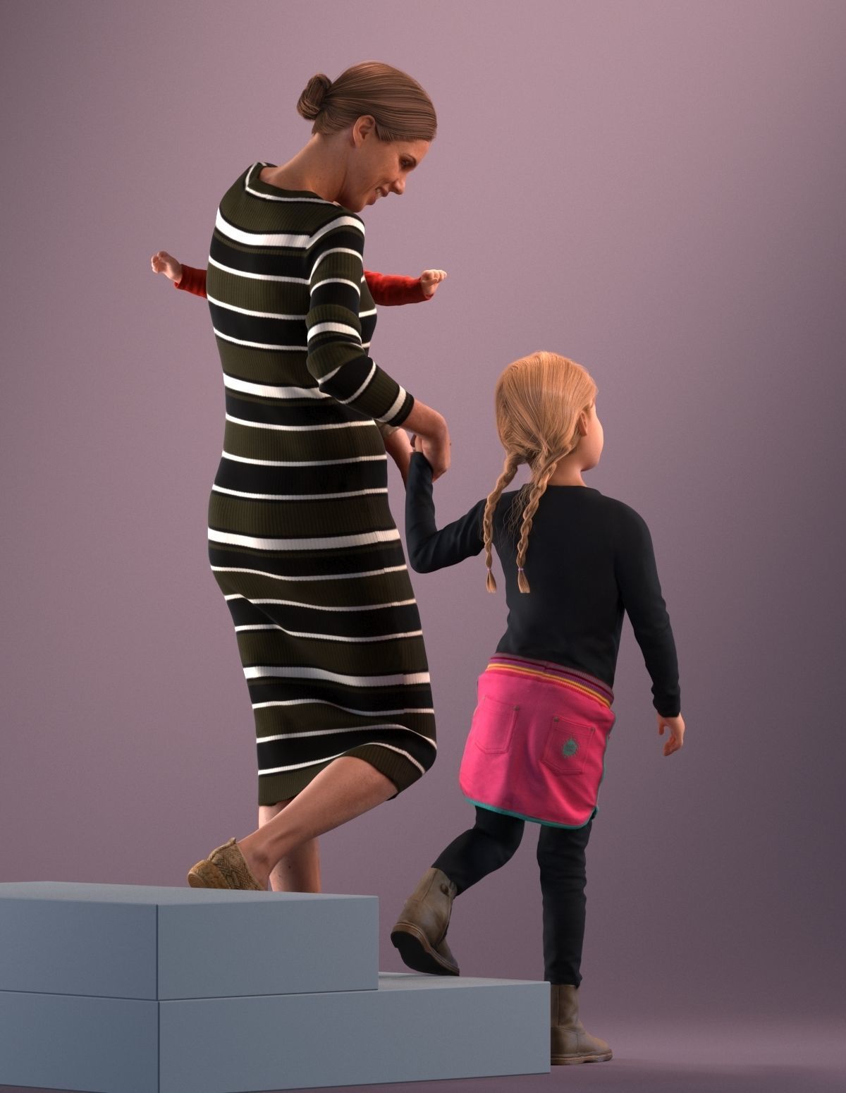 Pre-posed mother with her kids 3D model_4