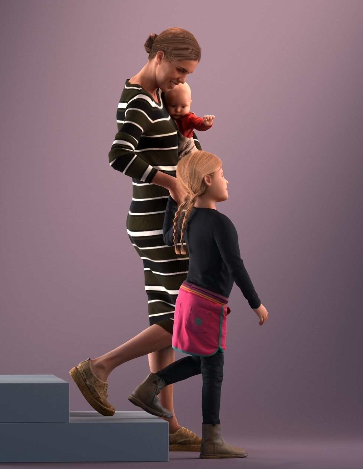 Pre-posed mother with her kids 3D model_7