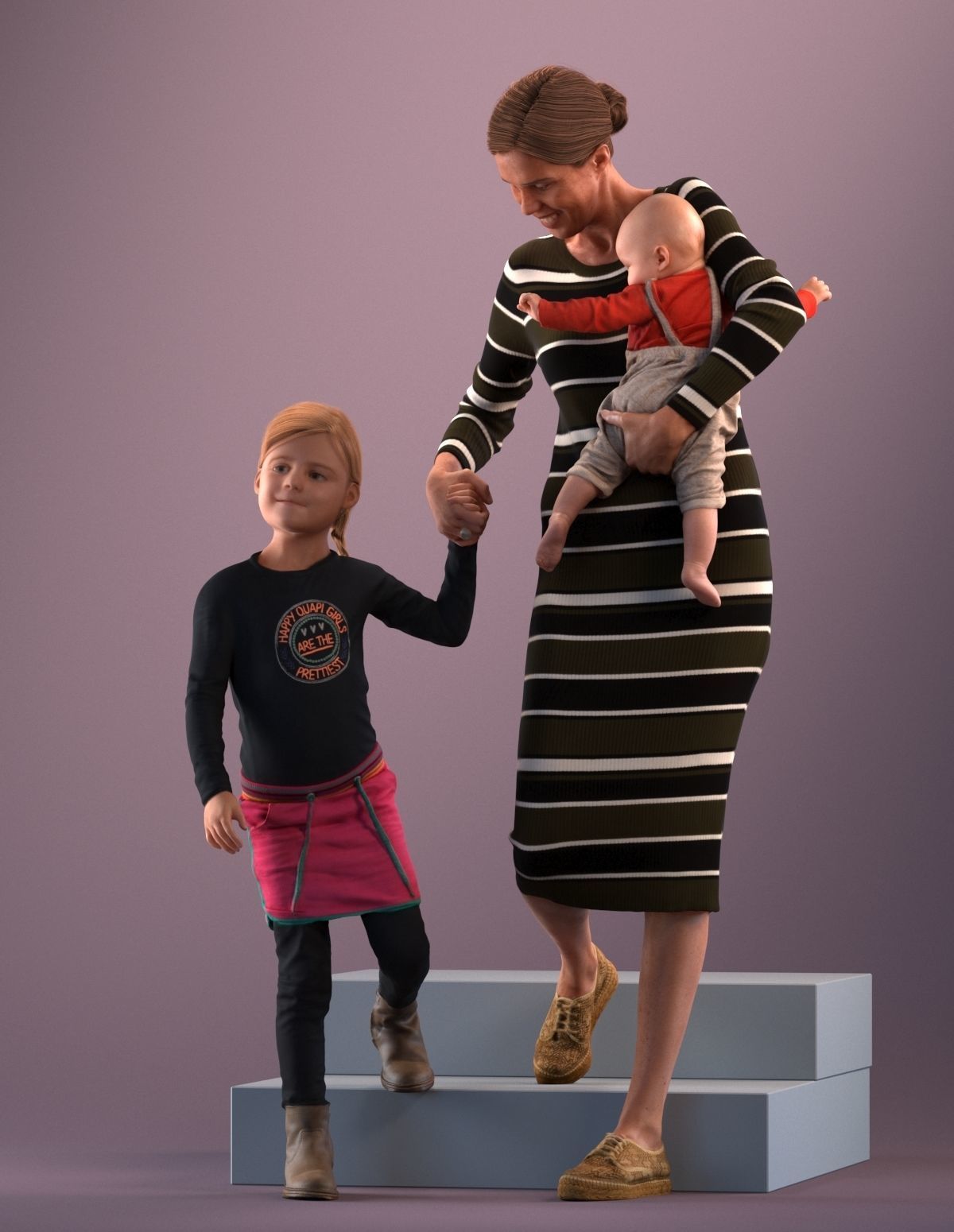 Pre-posed mother with her kids 3D model_11