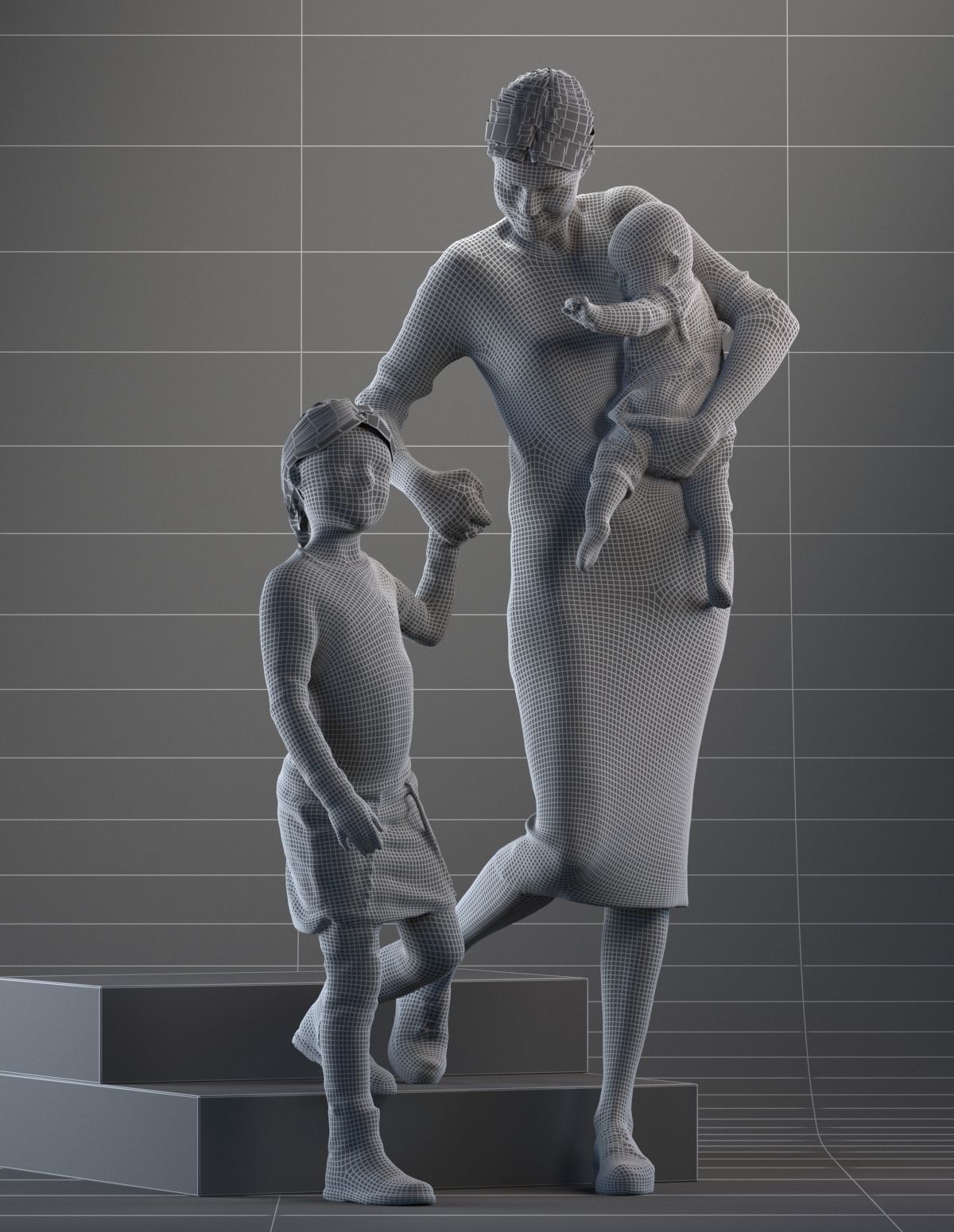 Pre-posed mother with her kids 3D model_2