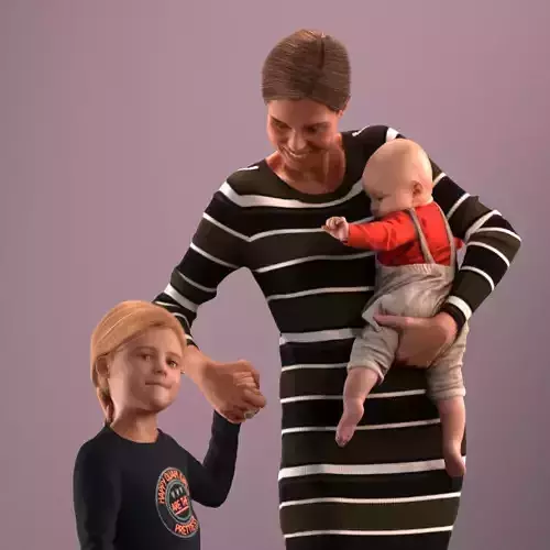 Pre-posed mother with her kids 3D model