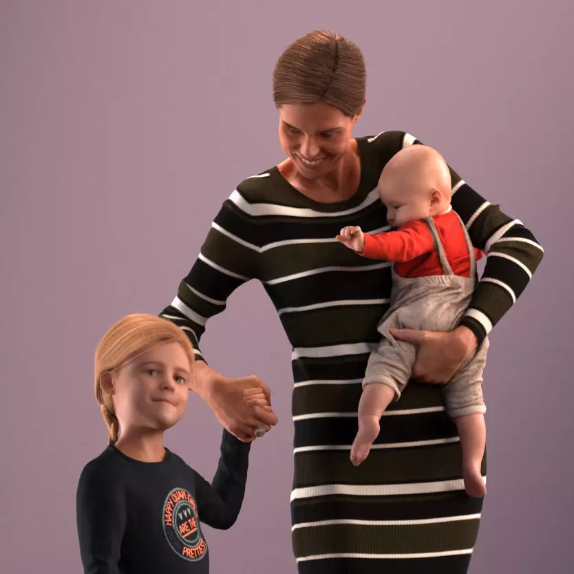 Pre-posed mother with her kids 3D model_0