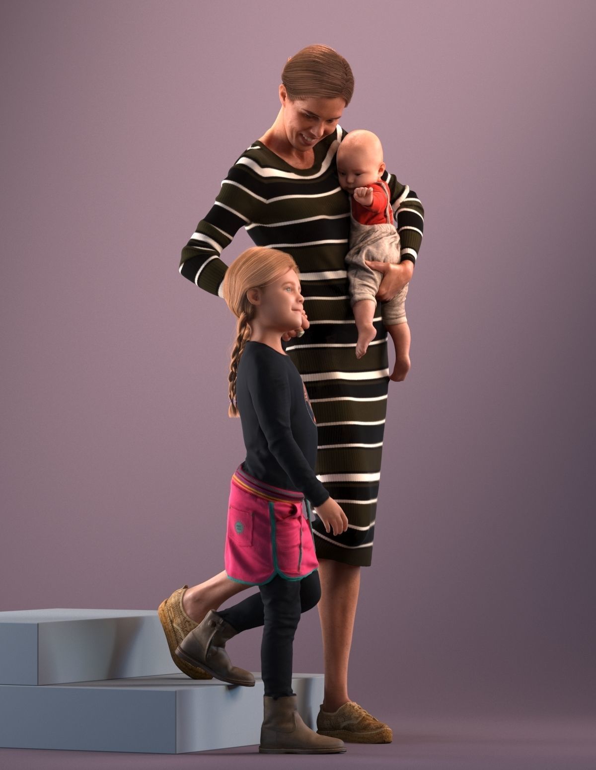 Pre-posed mother with her kids 3D model_3